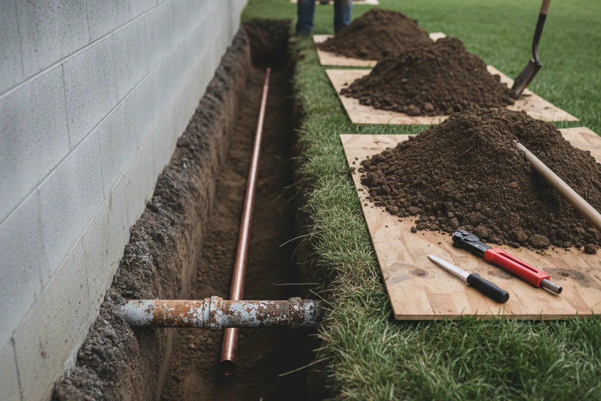 Excavated water line trench during Sewer Line Repair in Arbon
